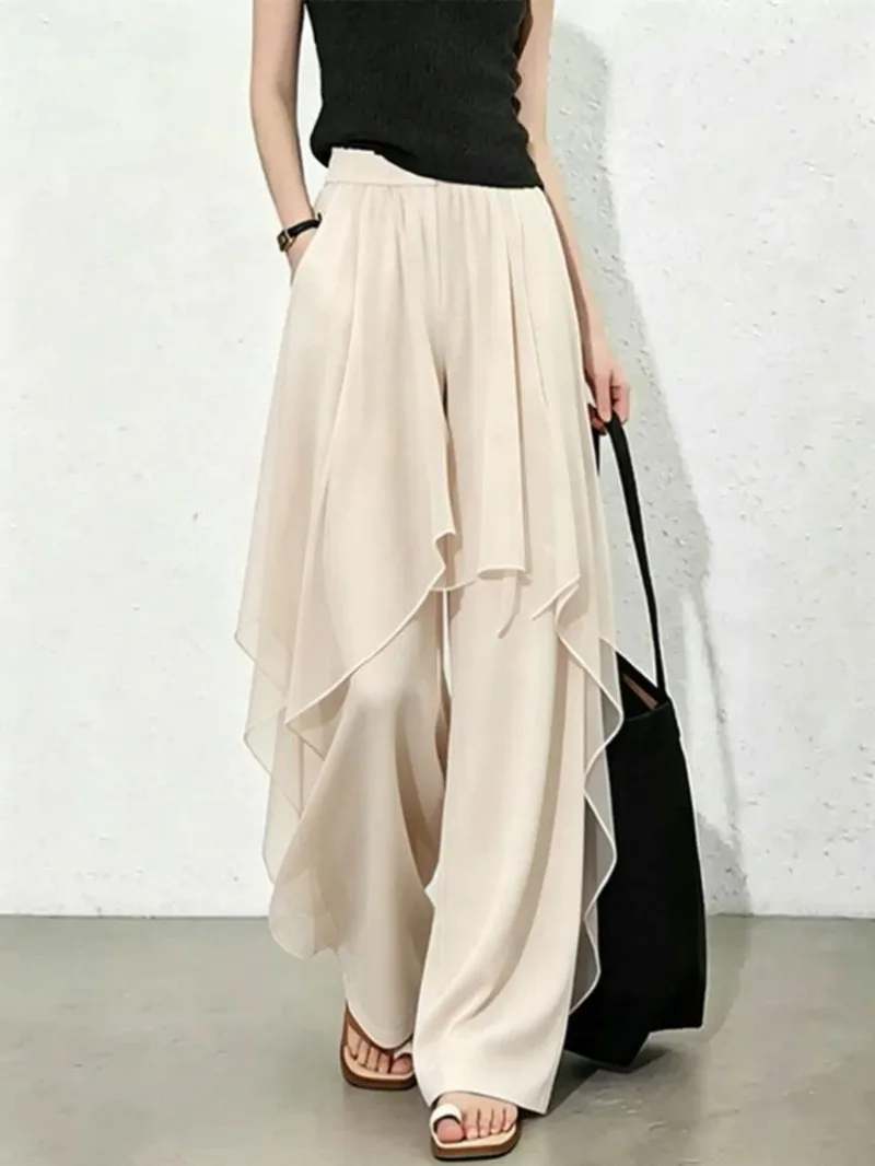 Limiguyue Casual Mesh Splice Wide Legs Pants Women Summer Trendy Elastic Waist Irregular Thin Long Trousers Elegant Soft 220B