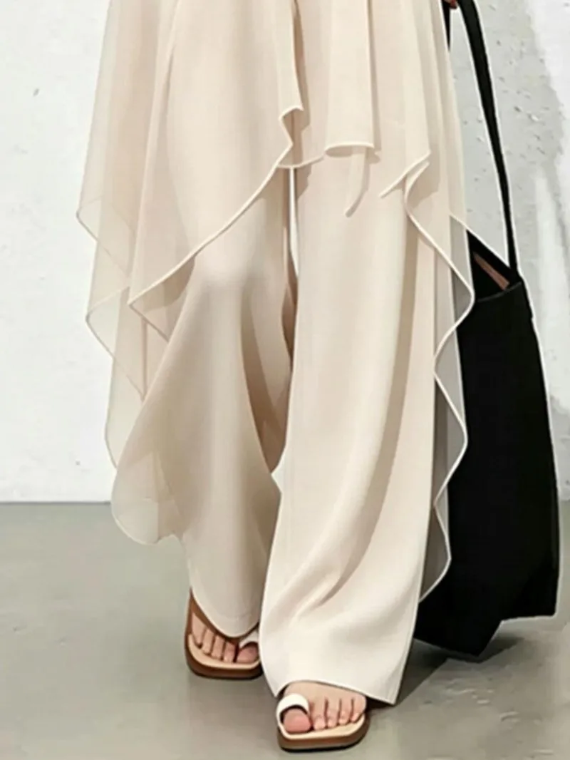 Limiguyue Casual Mesh Splice Wide Legs Pants Women Summer Trendy Elastic Waist Irregular Thin Long Trousers Elegant Soft 220B