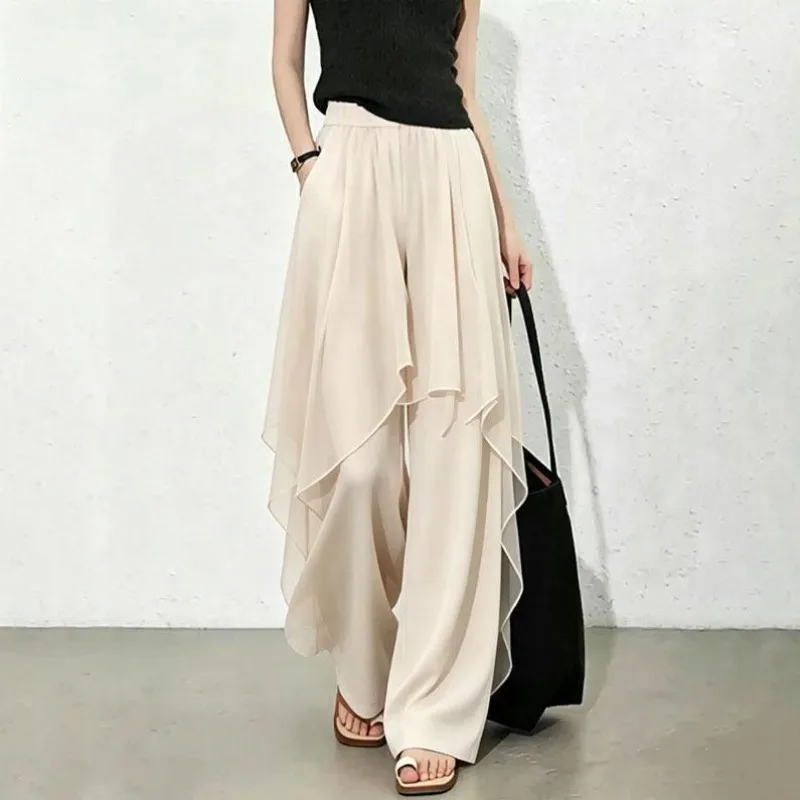 Limiguyue Casual Mesh Splice Wide Legs Pants Women Summer Trendy Elastic Waist Irregular Thin Long Trousers Elegant Soft 220B
