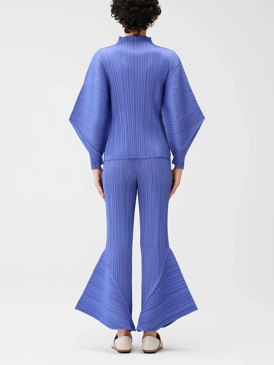 Miyake Pleated Skyline Flare Trousers Elastic Waistband Long Pants High Neck Dolman Sleeves Tops