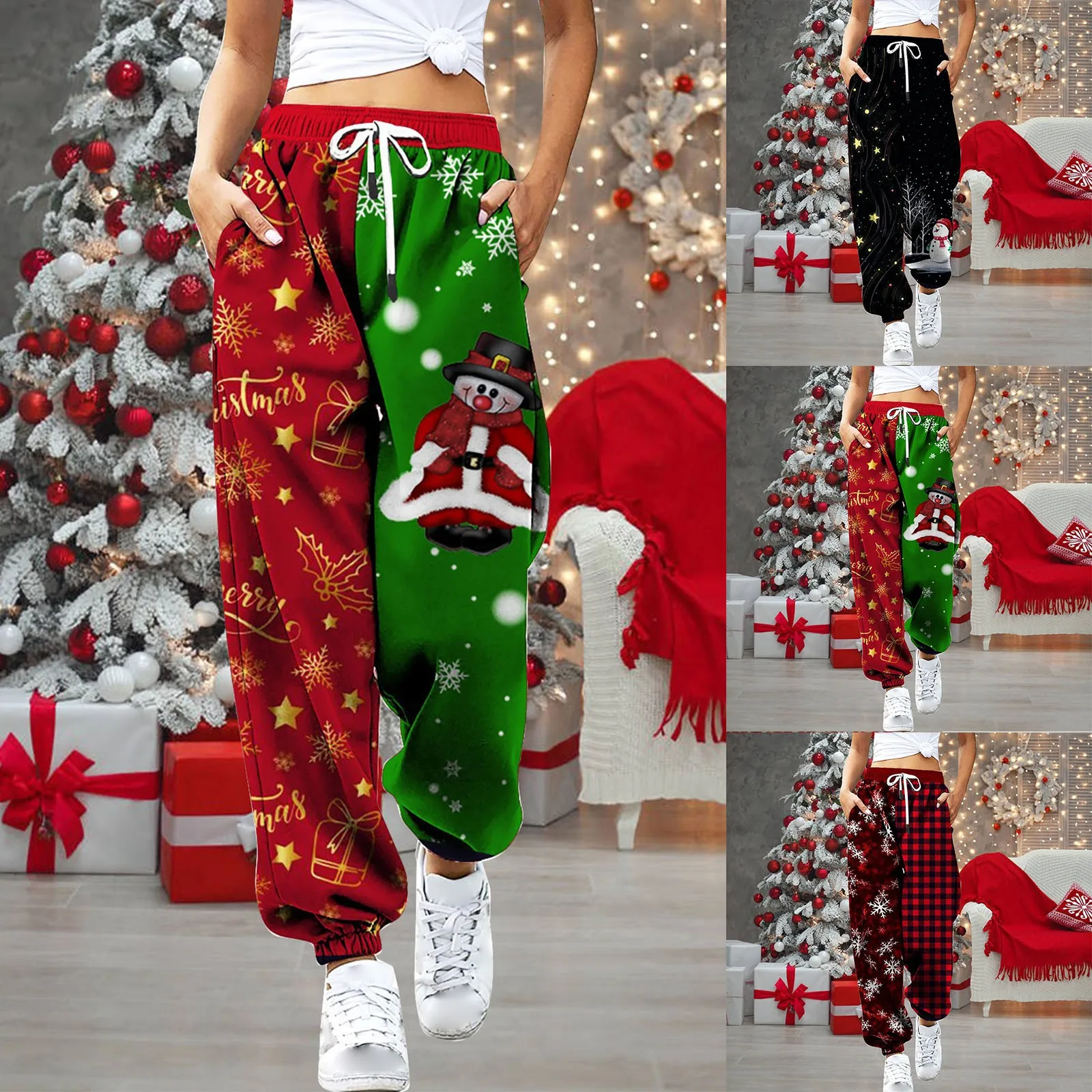 Women's Slacks Christmas Pant Casual High Waist Elastic Trendy Harem Trousers Sport Fitness Workout Sweatpant Pantalones