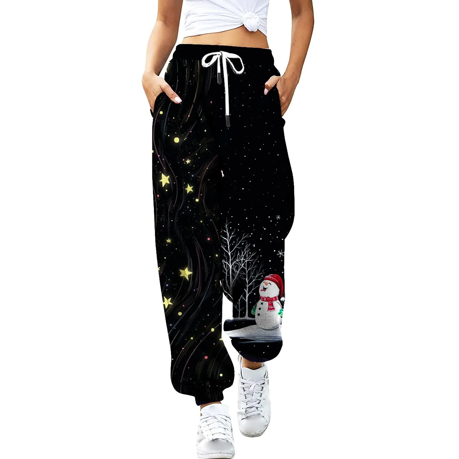 Women's Slacks Christmas Pant Casual High Waist Elastic Trendy Harem Trousers Sport Fitness Workout Sweatpant Pantalones