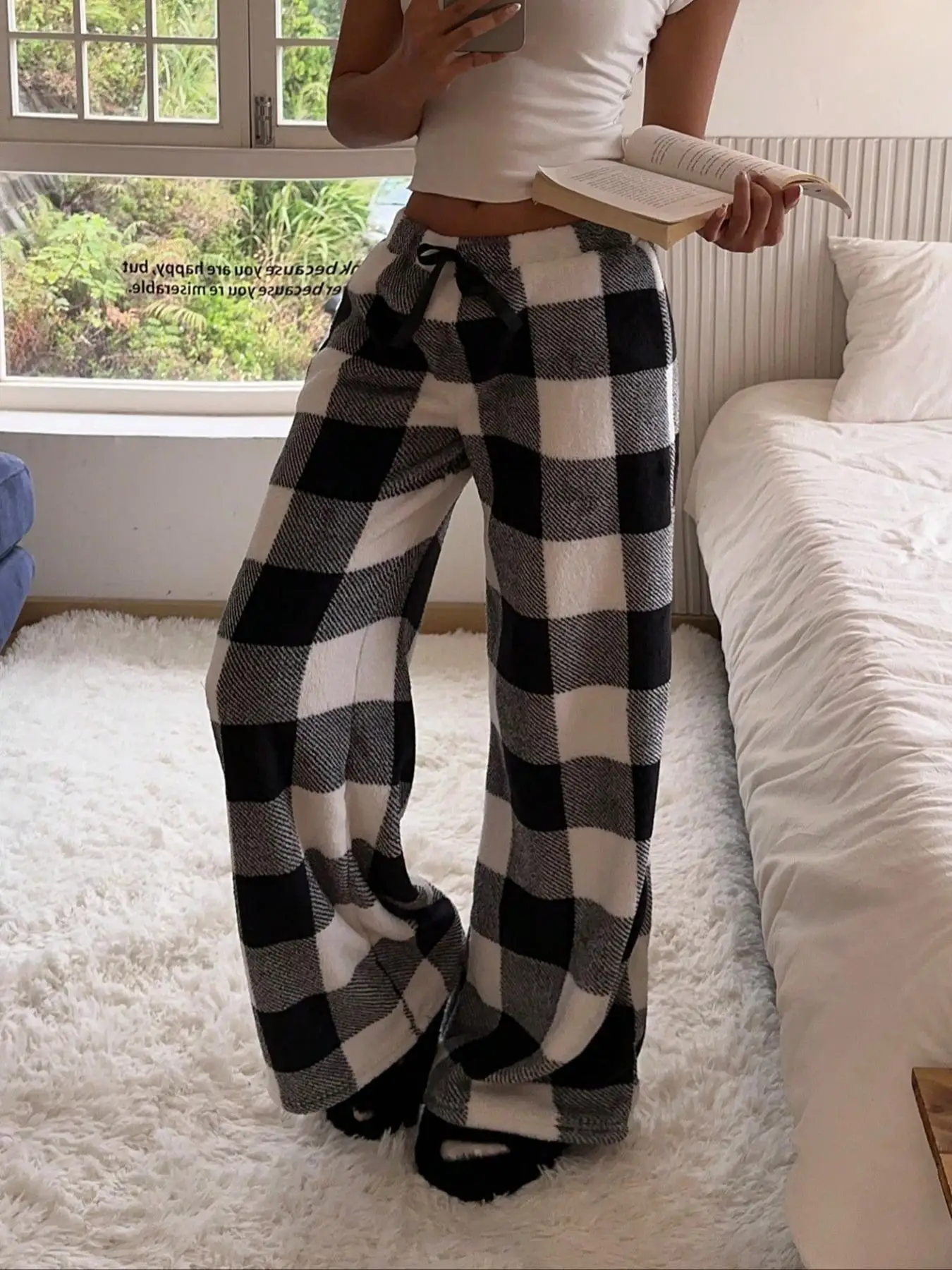Women Casual Trousers Elastic Waistband Drawstring Tie Pajama Bottoms Leopard Print Wide Leg Lounge Pants