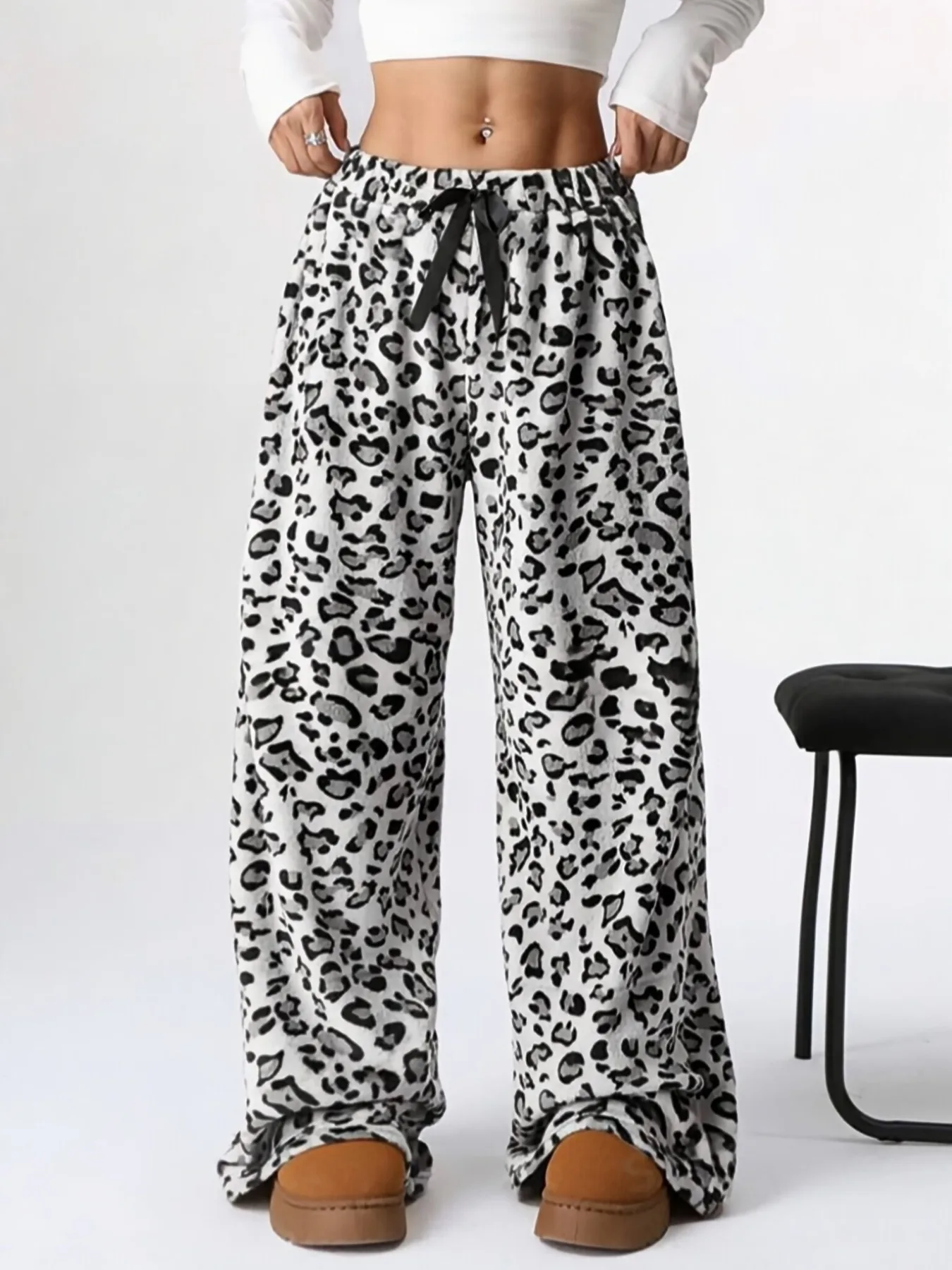 Women Casual Trousers Elastic Waistband Drawstring Tie Pajama Bottoms Leopard Print Wide Leg Lounge Pants