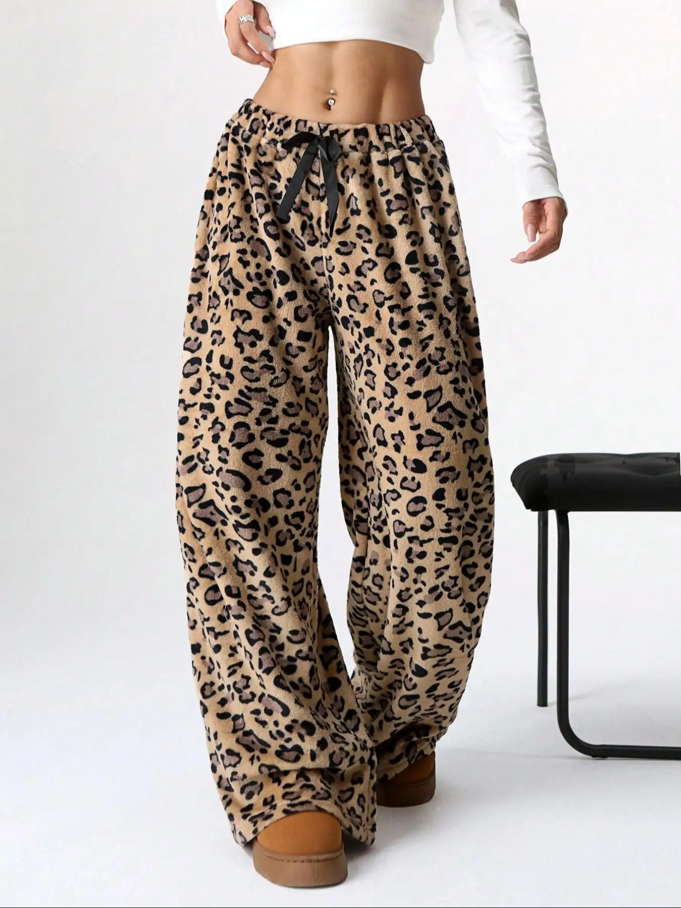 Women Casual Trousers Elastic Waistband Drawstring Tie Pajama Bottoms Leopard Print Wide Leg Lounge Pants