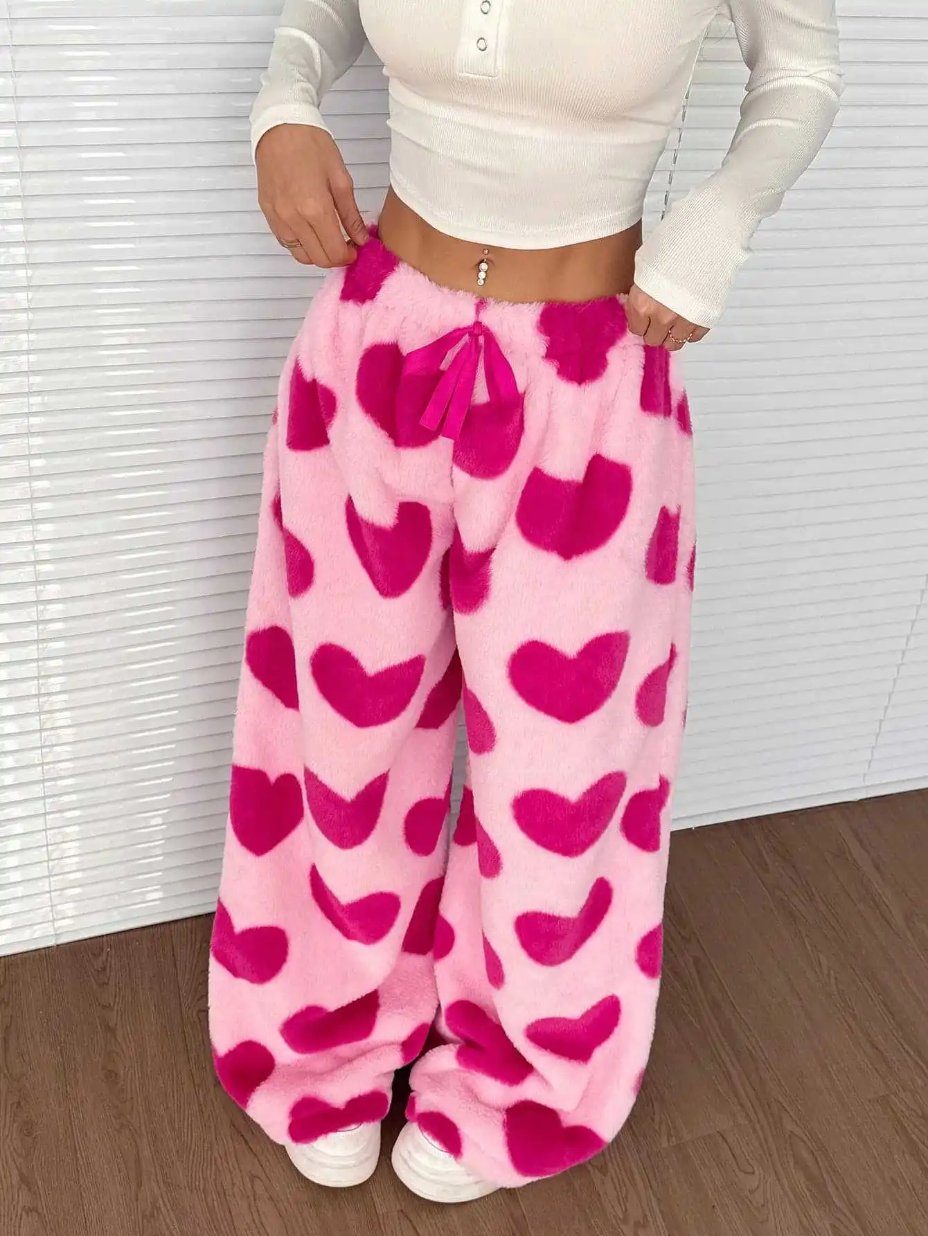 Women Casual Trousers Elastic Waistband Drawstring Tie Pajama Bottoms Leopard Print Wide Leg Lounge Pants