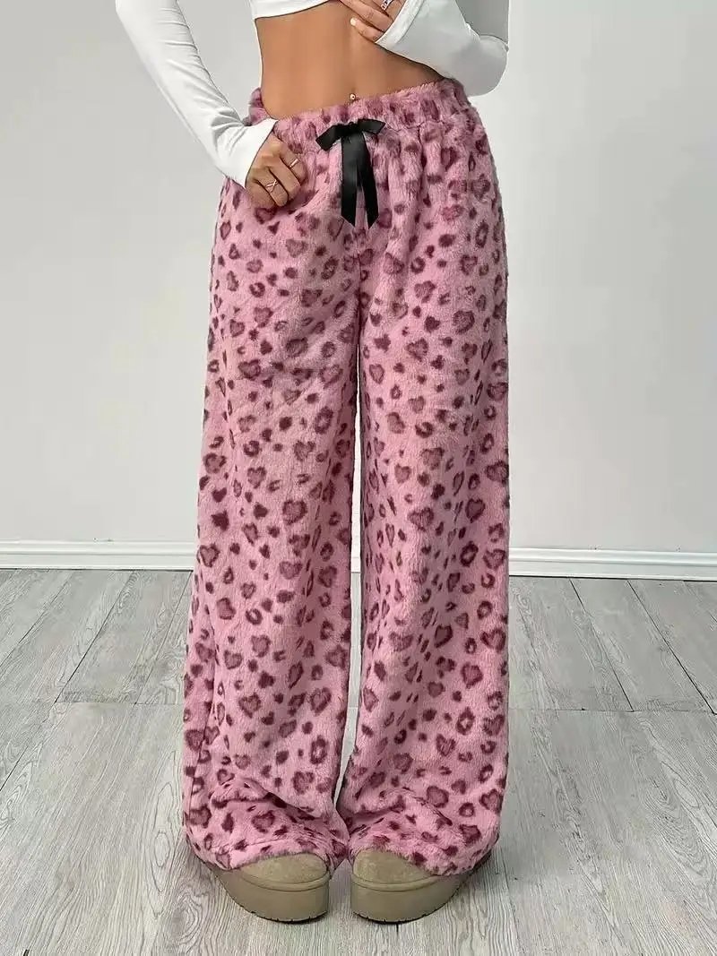Women Casual Trousers Elastic Waistband Drawstring Tie Pajama Bottoms Leopard Print Wide Leg Lounge Pants