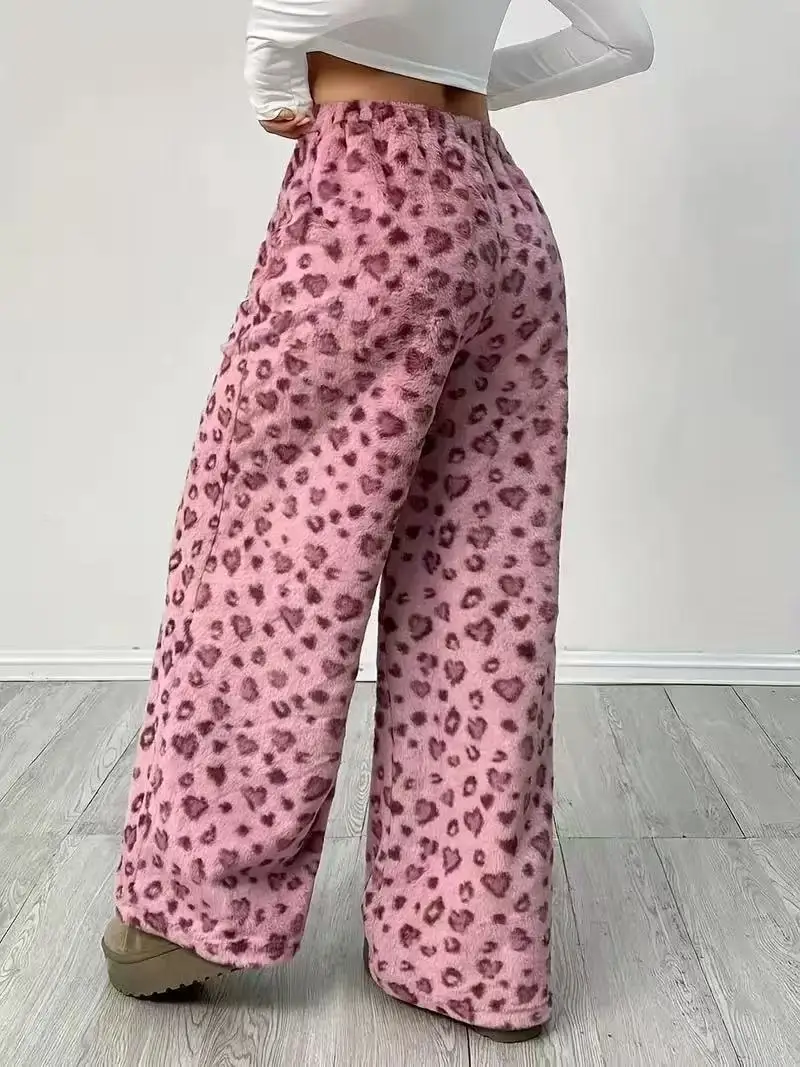 Women Casual Trousers Elastic Waistband Drawstring Tie Pajama Bottoms Leopard Print Wide Leg Lounge Pants
