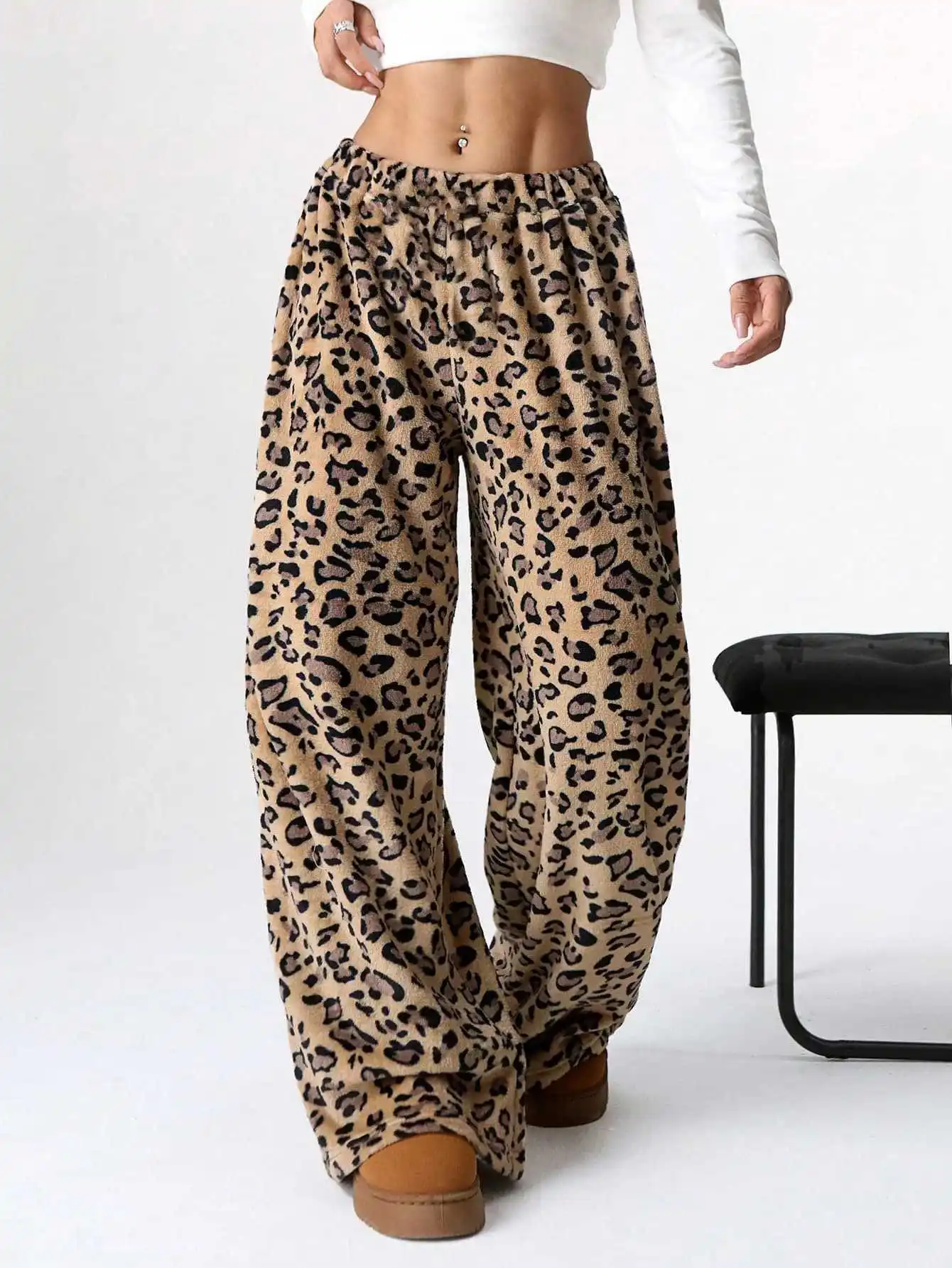 Women Casual Trousers Elastic Waistband Drawstring Tie Pajama Bottoms Leopard Print Wide Leg Lounge Pants