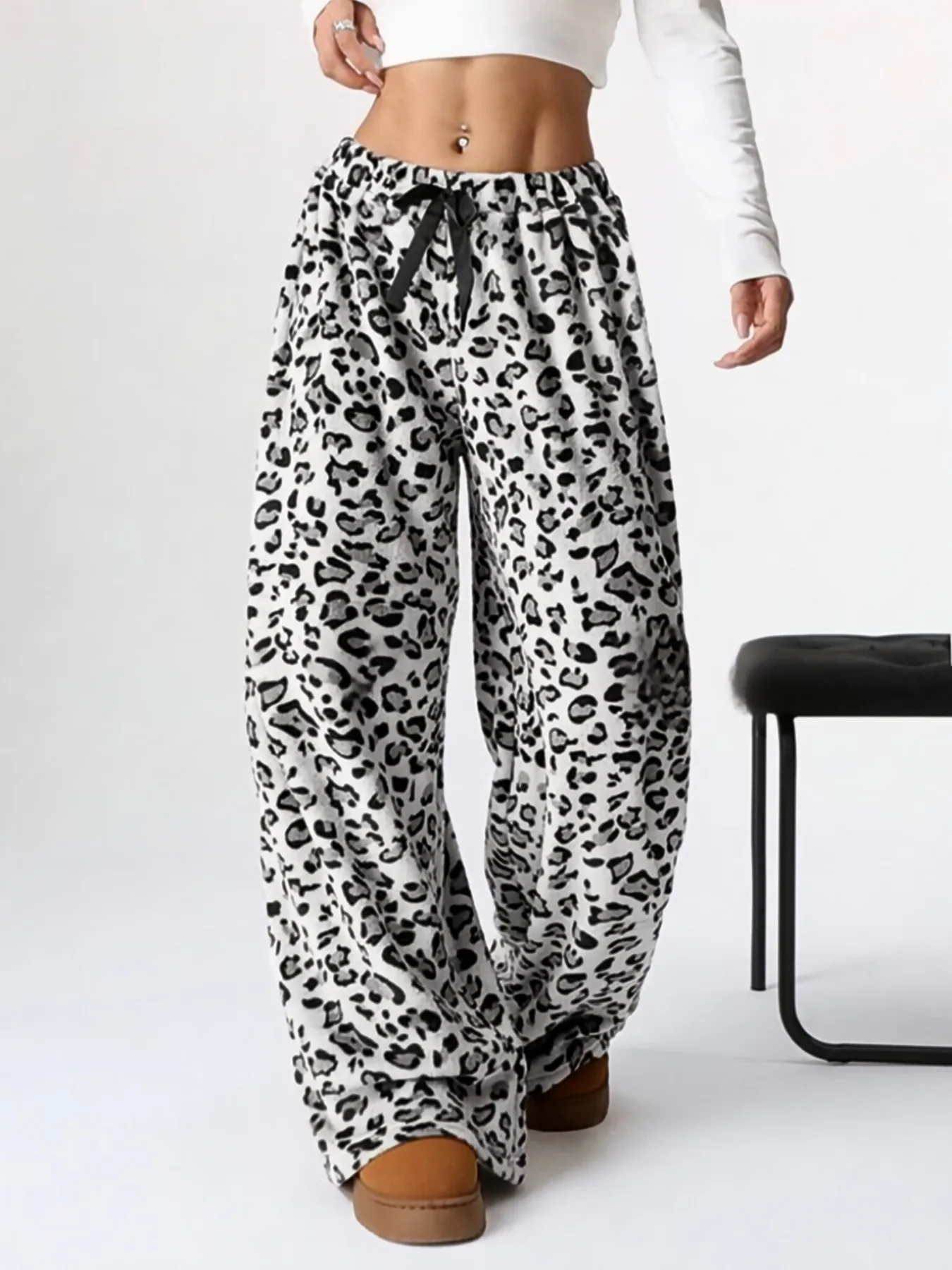 Women Casual Trousers Elastic Waistband Drawstring Tie Pajama Bottoms Leopard Print Wide Leg Lounge Pants