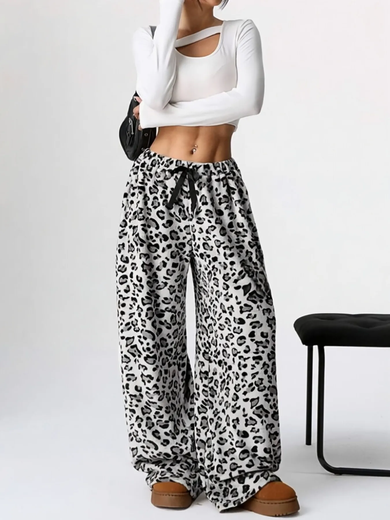 Women Casual Trousers Elastic Waistband Drawstring Tie Pajama Bottoms Leopard Print Wide Leg Lounge Pants