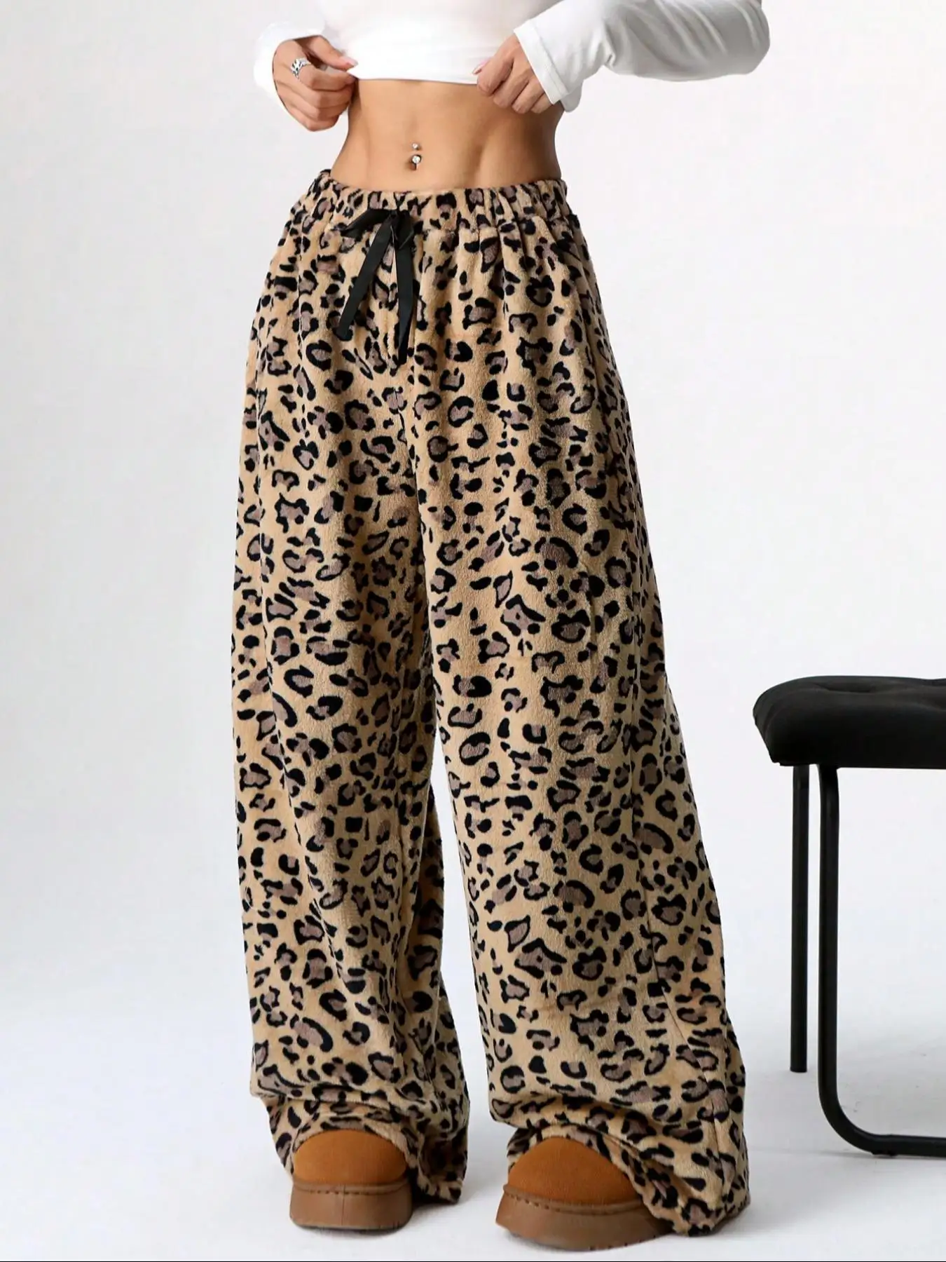Women Casual Trousers Elastic Waistband Drawstring Tie Pajama Bottoms Leopard Print Wide Leg Lounge Pants