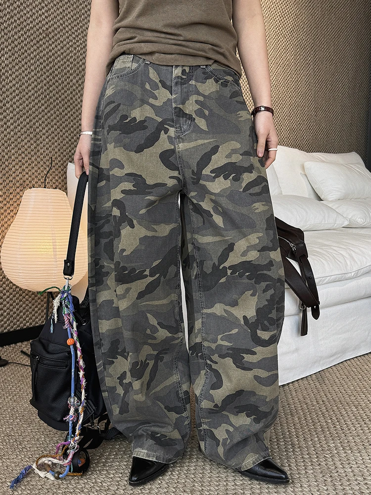 [EAM] High Waist Camouflage Vintage Long Denim Casual Wide Leg Pants New Trousers Women Fashion Tide Spring Autumn 2026 1DJ5946