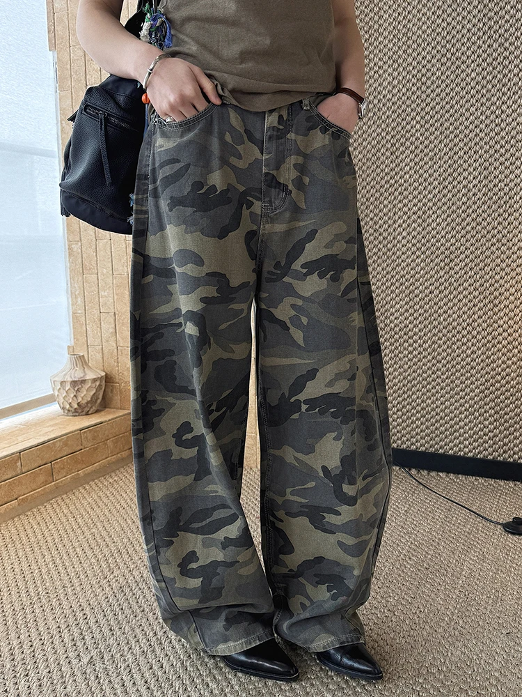 [EAM] High Waist Camouflage Vintage Long Denim Casual Wide Leg Pants New Trousers Women Fashion Tide Spring Autumn 2026 1DJ5946