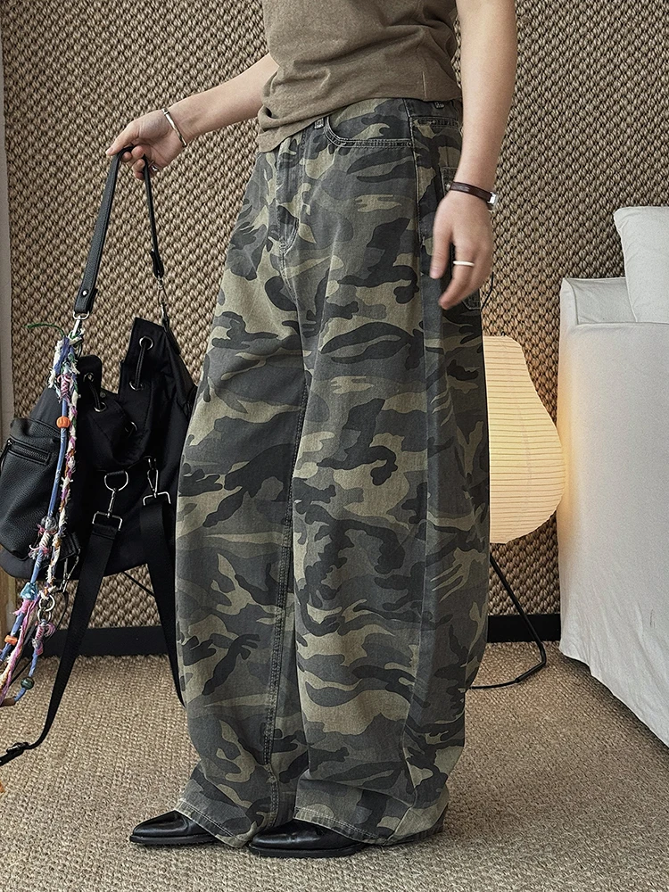 [EAM] High Waist Camouflage Vintage Long Denim Casual Wide Leg Pants New Trousers Women Fashion Tide Spring Autumn 2026 1DJ5946