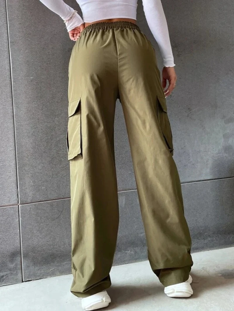 Elegant Solid High Waist Ripped Pant Fashion Women Pocket Elastic Straight Cargo Pants Casual Streetwear Sweatpant Y2K Trousers