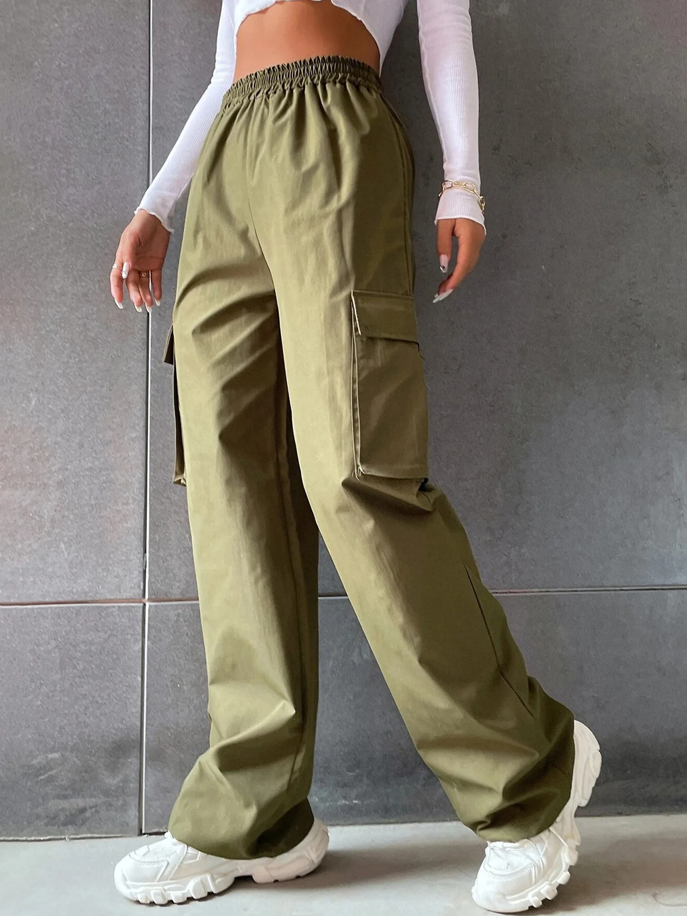 Elegant Solid High Waist Ripped Pant Fashion Women Pocket Elastic Straight Cargo Pants Casual Streetwear Sweatpant Y2K Trousers