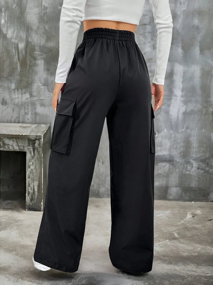 Elegant Solid High Waist Ripped Pant Fashion Women Pocket Elastic Straight Cargo Pants Casual Streetwear Sweatpant Y2K Trousers