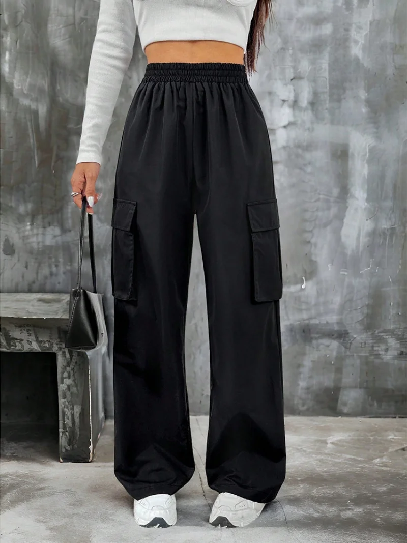Elegant Solid High Waist Ripped Pant Fashion Women Pocket Elastic Straight Cargo Pants Casual Streetwear Sweatpant Y2K Trousers