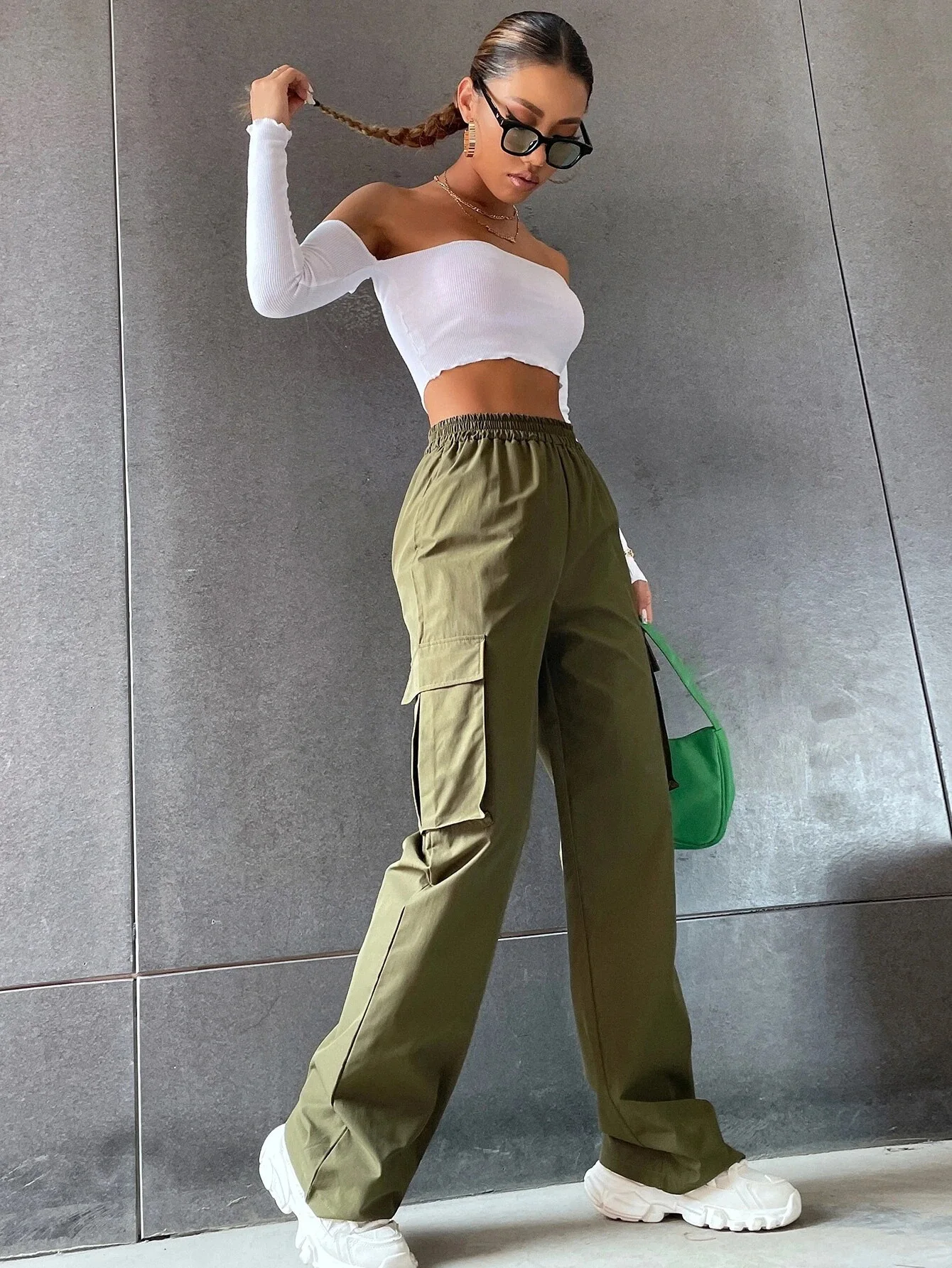 Elegant Solid High Waist Ripped Pant Fashion Women Pocket Elastic Straight Cargo Pants Casual Streetwear Sweatpant Y2K Trousers