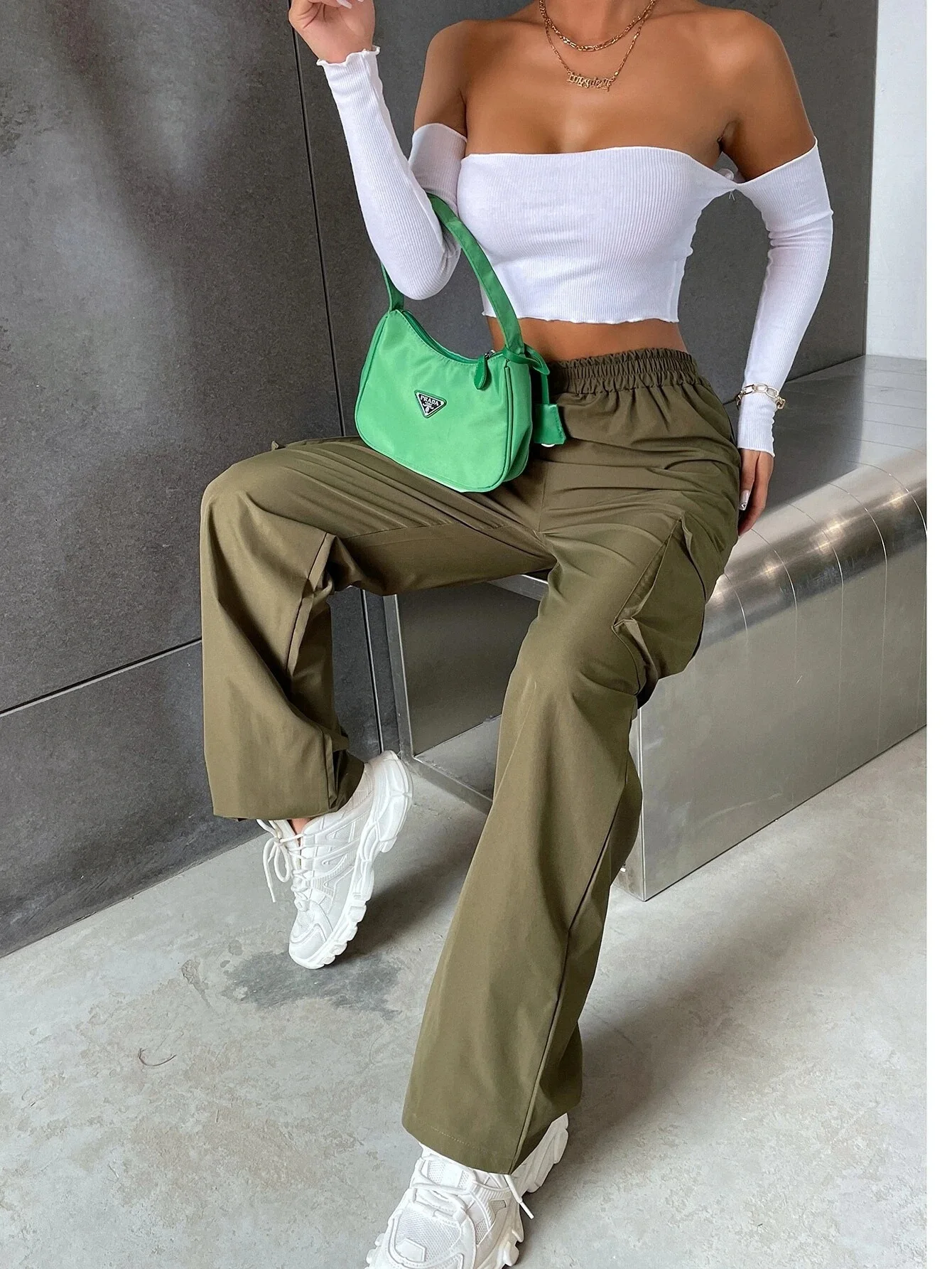 Elegant Solid High Waist Ripped Pant Fashion Women Pocket Elastic Straight Cargo Pants Casual Streetwear Sweatpant Y2K Trousers