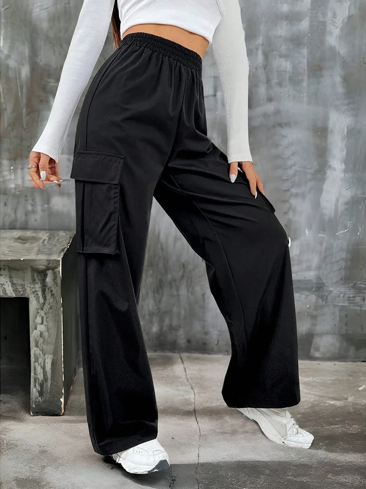 Elegant Solid High Waist Ripped Pant Fashion Women Pocket Elastic Straight Cargo Pants Casual Streetwear Sweatpant Y2K Trousers