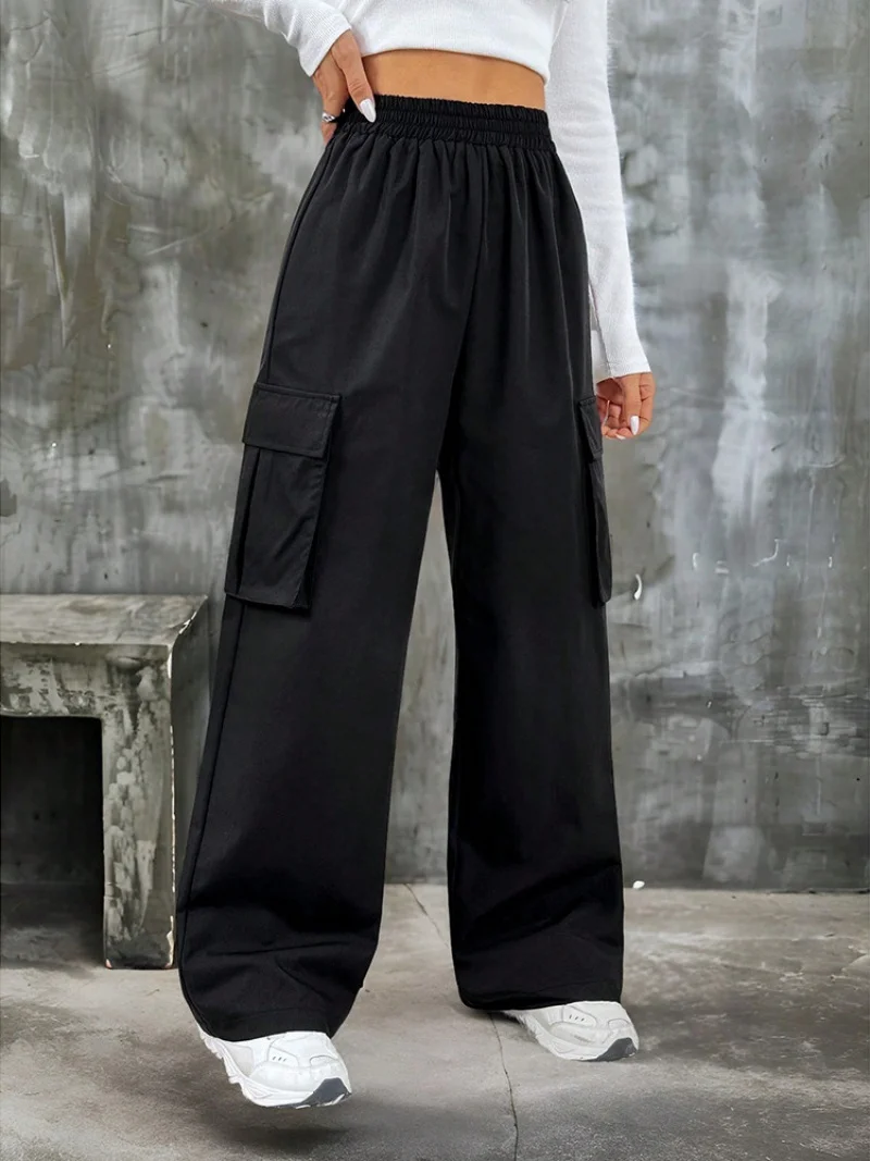 Elegant Solid High Waist Ripped Pant Fashion Women Pocket Elastic Straight Cargo Pants Casual Streetwear Sweatpant Y2K Trousers