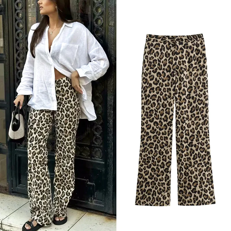 HXAO Elegant Leopard Pants 2025 Women's Spring Vintage Printed Long Trousers Ladies Fashion Casual Office Wide Leg Y2K Pants