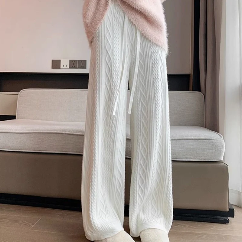 Autumn Winter Warm Knitted Pants Women Korean Elastic High Waist Thicken Trousers Woman Casual Wide Leg Straight Sweater Pants
