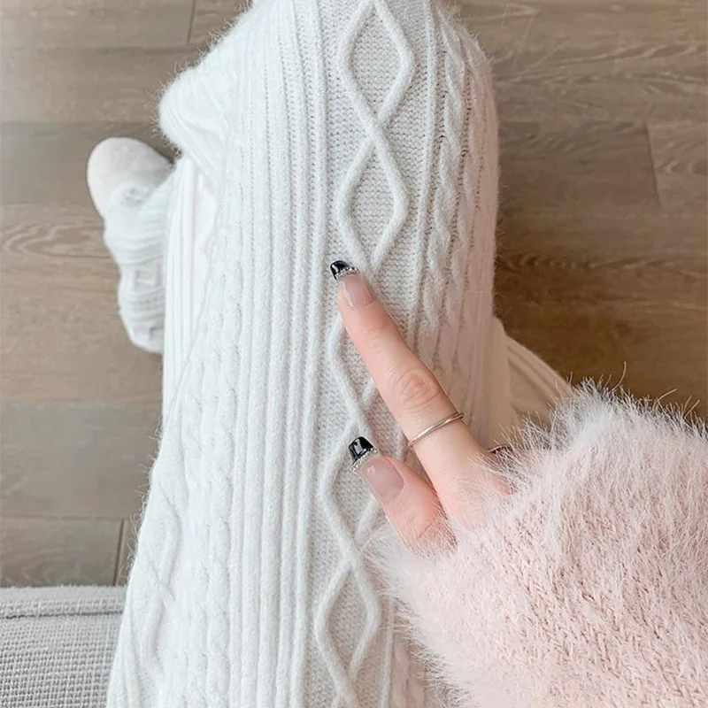 Autumn Winter Warm Knitted Pants Women Korean Elastic High Waist Thicken Trousers Woman Casual Wide Leg Straight Sweater Pants