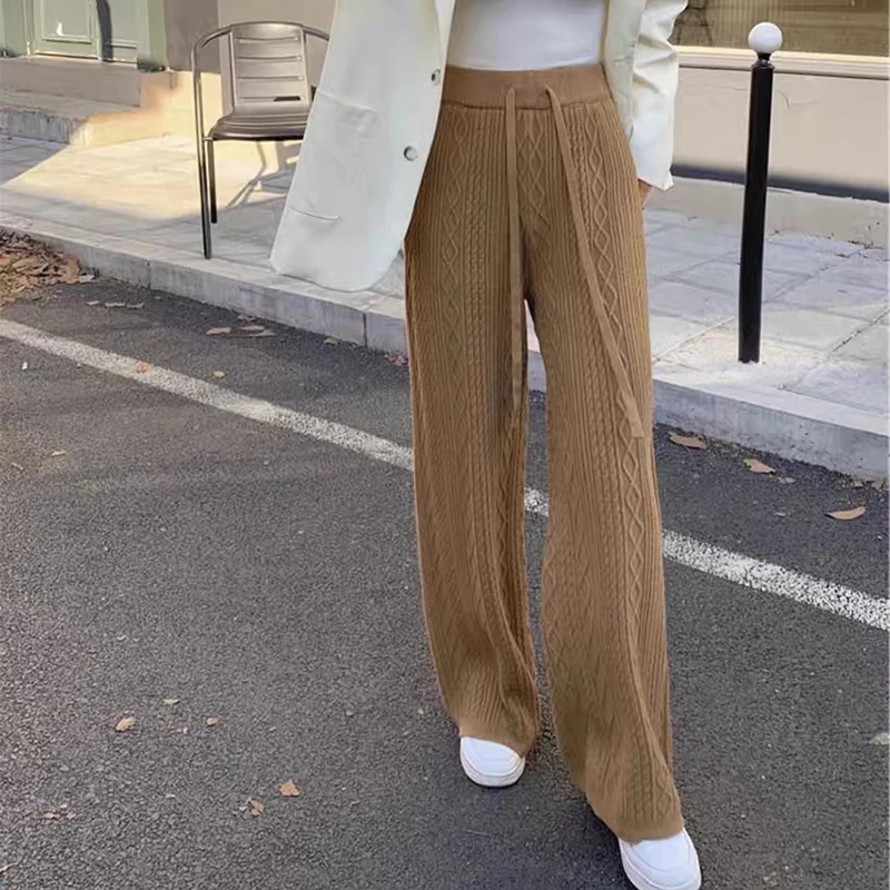 Autumn Winter Warm Knitted Pants Women Korean Elastic High Waist Thicken Trousers Woman Casual Wide Leg Straight Sweater Pants