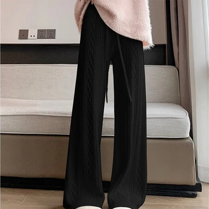 Autumn Winter Warm Knitted Pants Women Korean Elastic High Waist Thicken Trousers Woman Casual Wide Leg Straight Sweater Pants