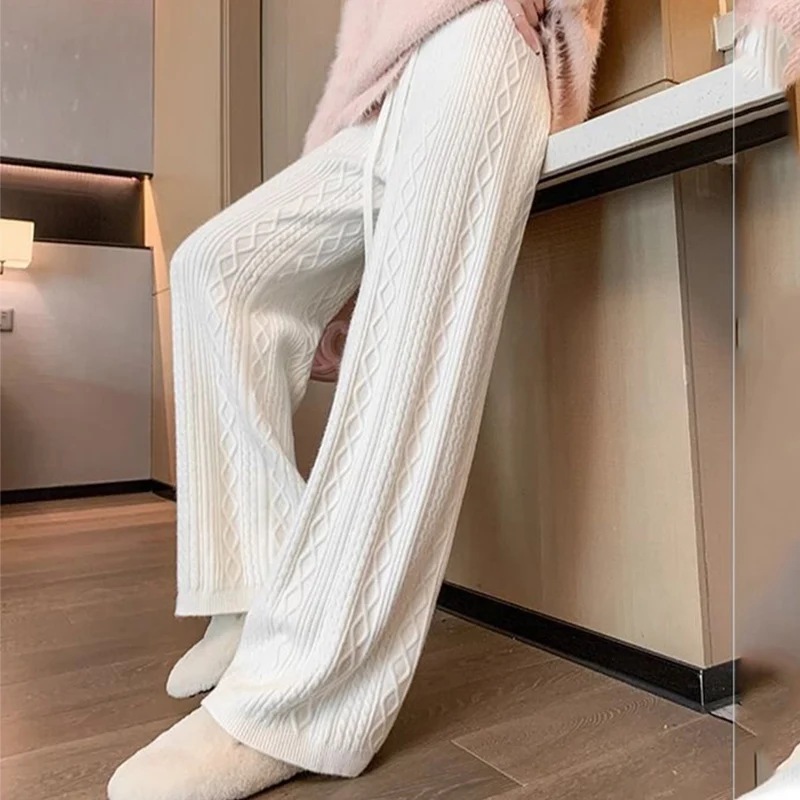 Autumn Winter Warm Knitted Pants Women Korean Elastic High Waist Thicken Trousers Woman Casual Wide Leg Straight Sweater Pants