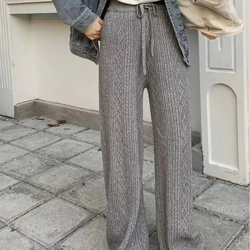 Autumn Winter Warm Knitted Pants Women Korean Elastic High Waist Thicken Trousers Woman Casual Wide Leg Straight Sweater Pants