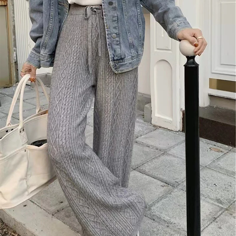 Autumn Winter Warm Knitted Pants Women Korean Elastic High Waist Thicken Trousers Woman Casual Wide Leg Straight Sweater Pants