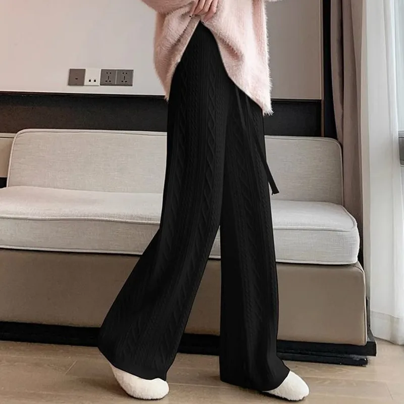 Autumn Winter Warm Knitted Pants Women Korean Elastic High Waist Thicken Trousers Woman Casual Wide Leg Straight Sweater Pants