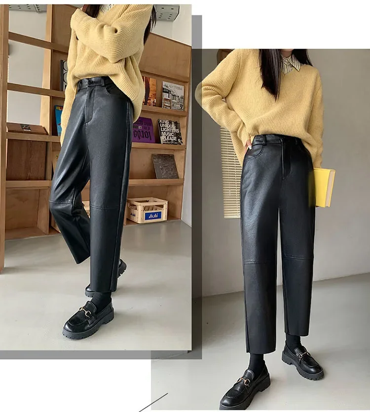 Autumn Winter Women's Leather Trousers High Waist Loose black Brown Straight Leg Pants Classic pu Faux Leather Pants for Women