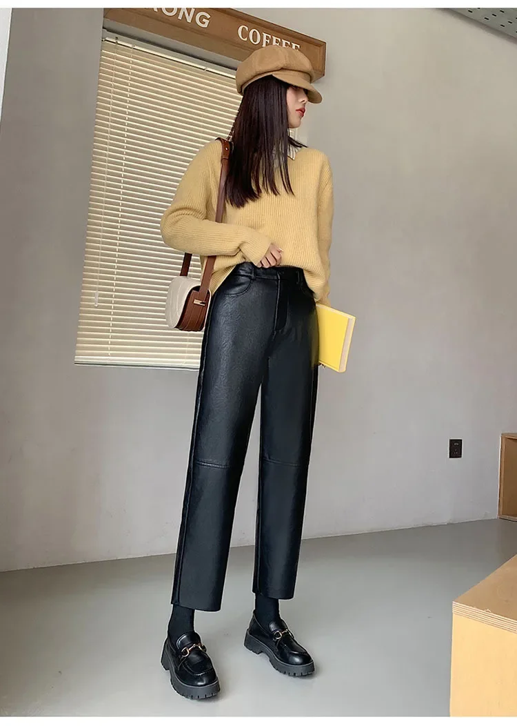 Autumn Winter Women's Leather Trousers High Waist Loose black Brown Straight Leg Pants Classic pu Faux Leather Pants for Women