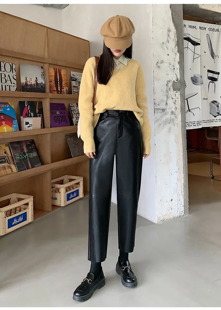 Autumn Winter Women's Leather Trousers High Waist Loose black Brown Straight Leg Pants Classic pu Faux Leather Pants for Women