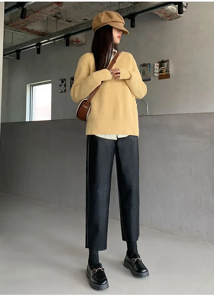 Autumn Winter Women's Leather Trousers High Waist Loose black Brown Straight Leg Pants Classic pu Faux Leather Pants for Women