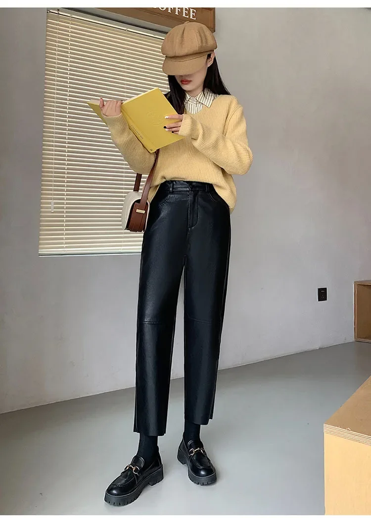 Autumn Winter Women's Leather Trousers High Waist Loose black Brown Straight Leg Pants Classic pu Faux Leather Pants for Women