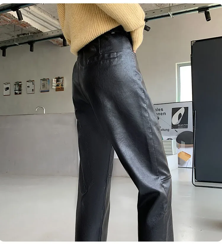 Autumn Winter Women's Leather Trousers High Waist Loose black Brown Straight Leg Pants Classic pu Faux Leather Pants for Women