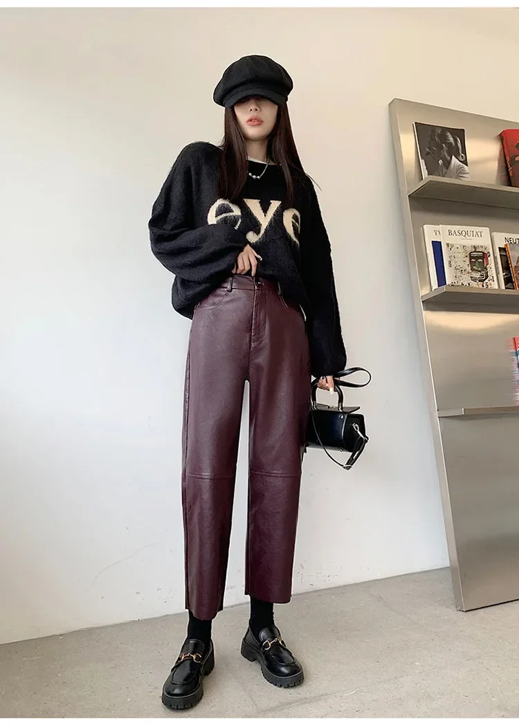 Autumn Winter Women's Leather Trousers High Waist Loose black Brown Straight Leg Pants Classic pu Faux Leather Pants for Women