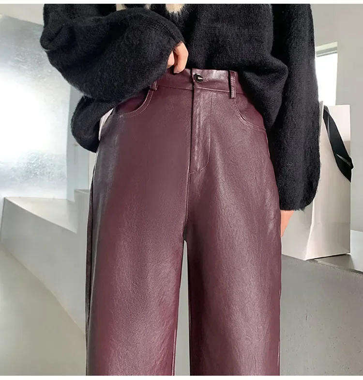 Autumn Winter Women's Leather Trousers High Waist Loose black Brown Straight Leg Pants Classic pu Faux Leather Pants for Women