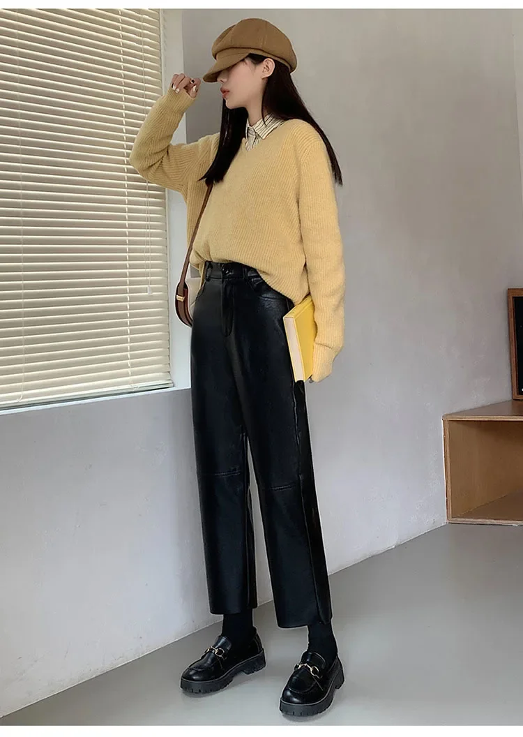 Autumn Winter Women's Leather Trousers High Waist Loose black Brown Straight Leg Pants Classic pu Faux Leather Pants for Women