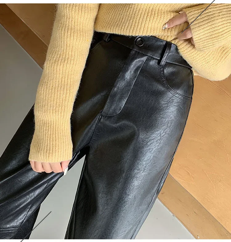 Autumn Winter Women's Leather Trousers High Waist Loose black Brown Straight Leg Pants Classic pu Faux Leather Pants for Women