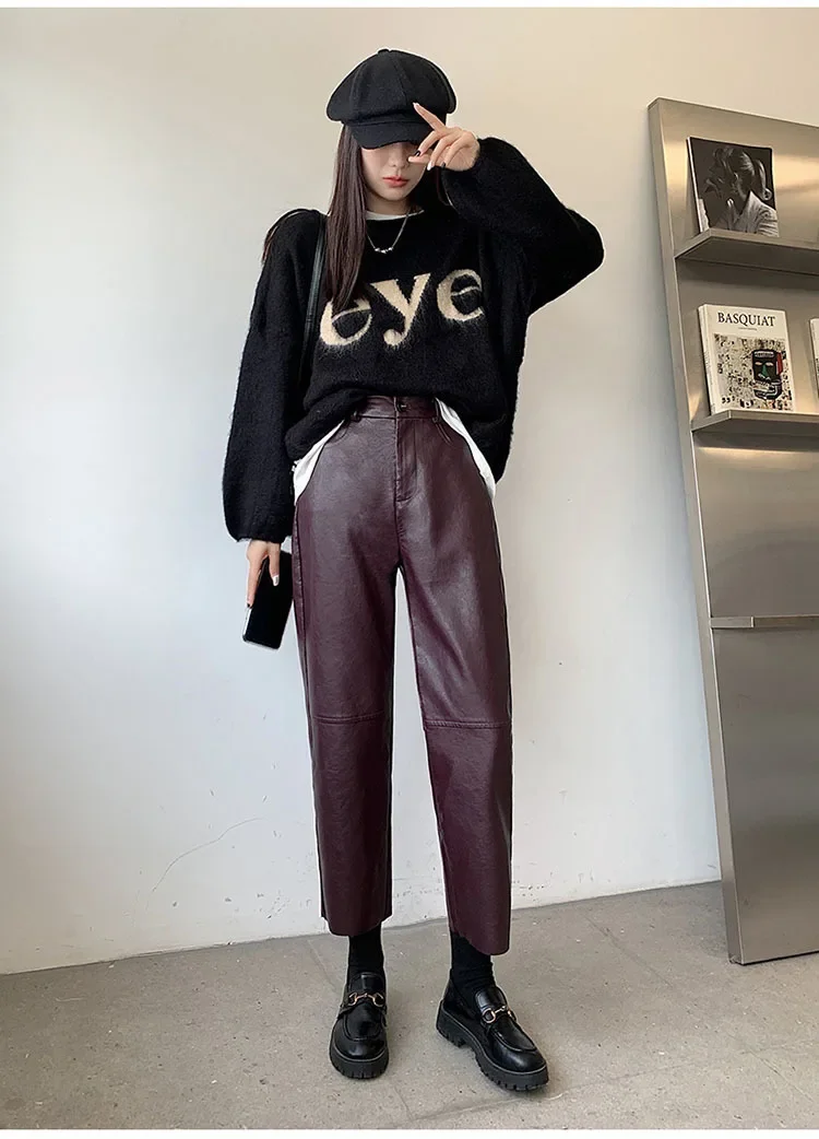 Autumn Winter Women's Leather Trousers High Waist Loose black Brown Straight Leg Pants Classic pu Faux Leather Pants for Women