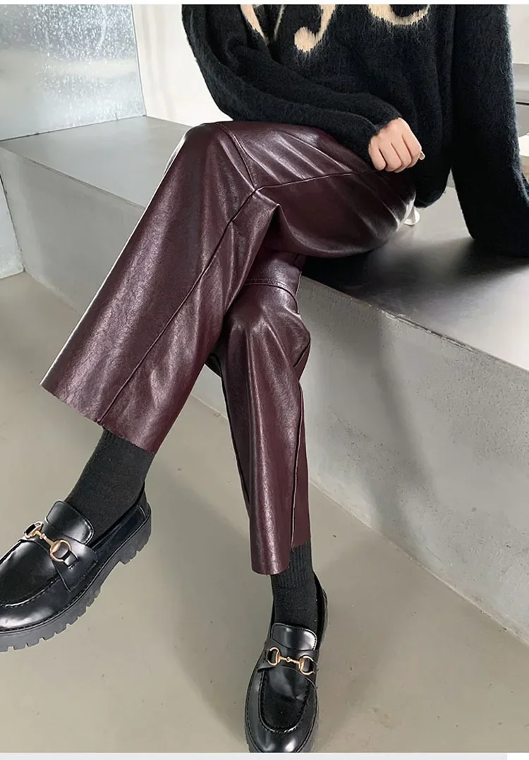 Autumn Winter Women's Leather Trousers High Waist Loose black Brown Straight Leg Pants Classic pu Faux Leather Pants for Women