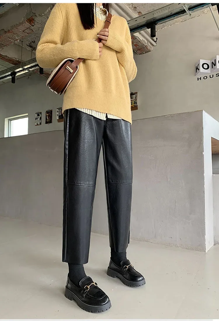 Autumn Winter Women's Leather Trousers High Waist Loose black Brown Straight Leg Pants Classic pu Faux Leather Pants for Women