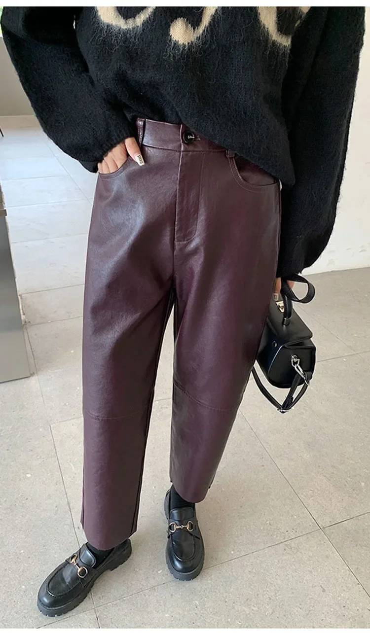 Autumn Winter Women's Leather Trousers High Waist Loose black Brown Straight Leg Pants Classic pu Faux Leather Pants for Women